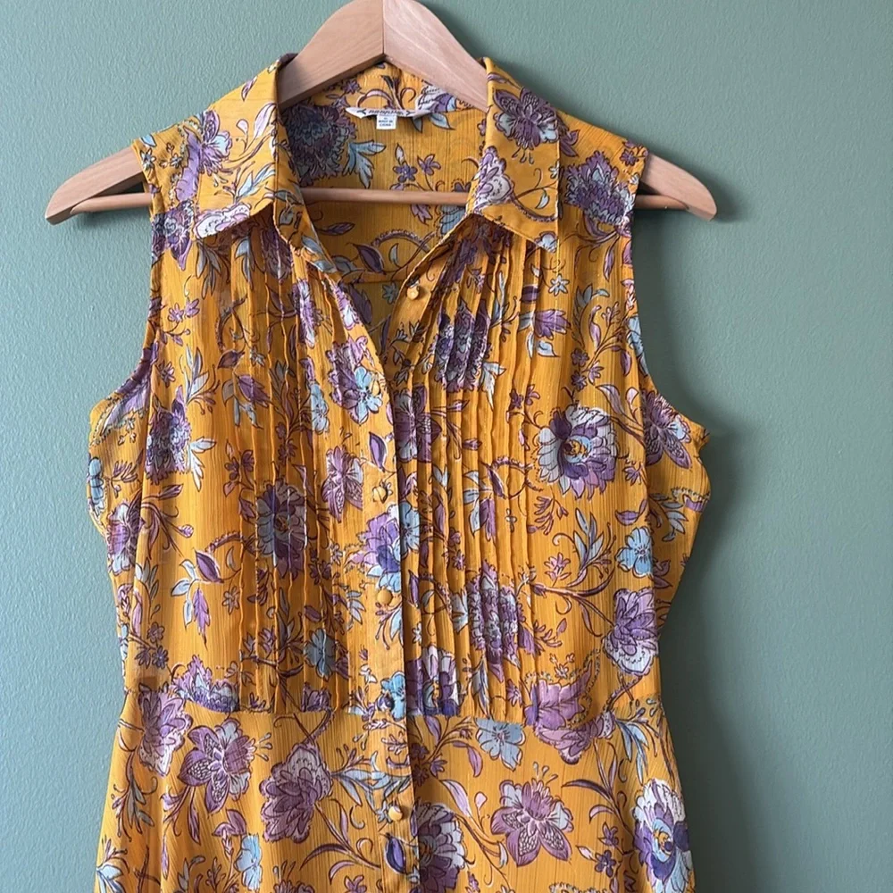 Nanette Lepore Gold Purple Floral Sheer Collared Button Down Midi Dress Sz 6 - Picture 4 of 10